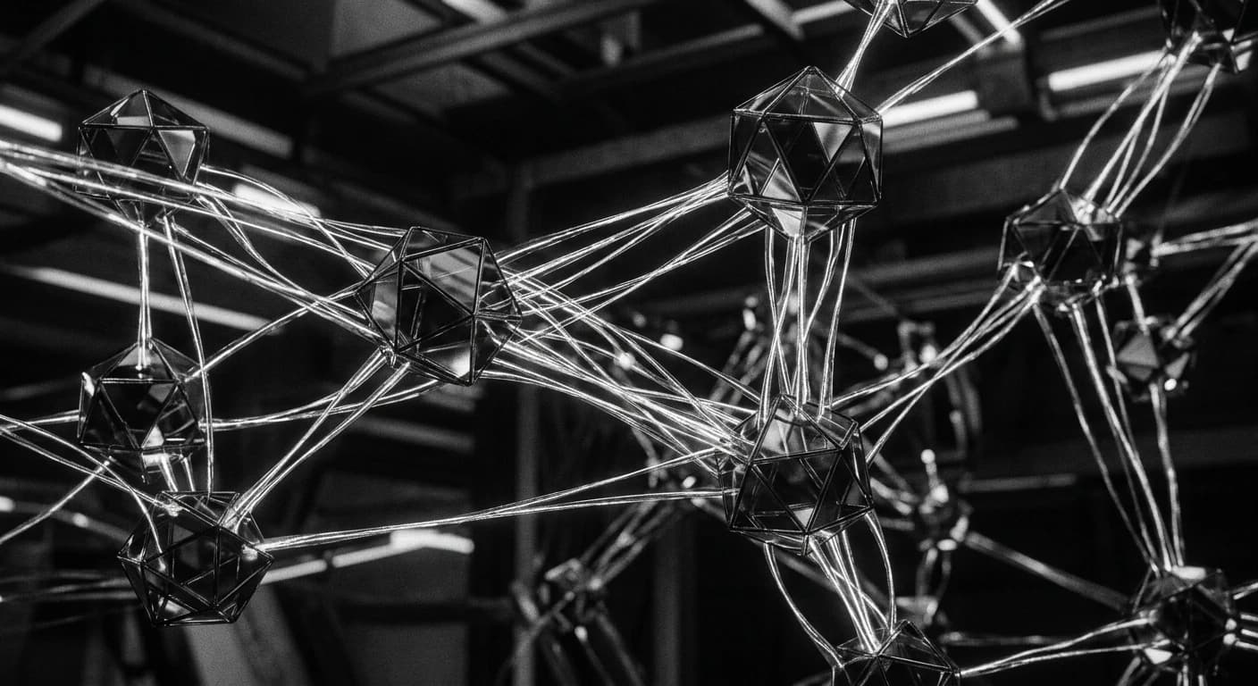 Abstract geometric network of interconnected autonomous AI agents represented as nodes and pathways in monochrome