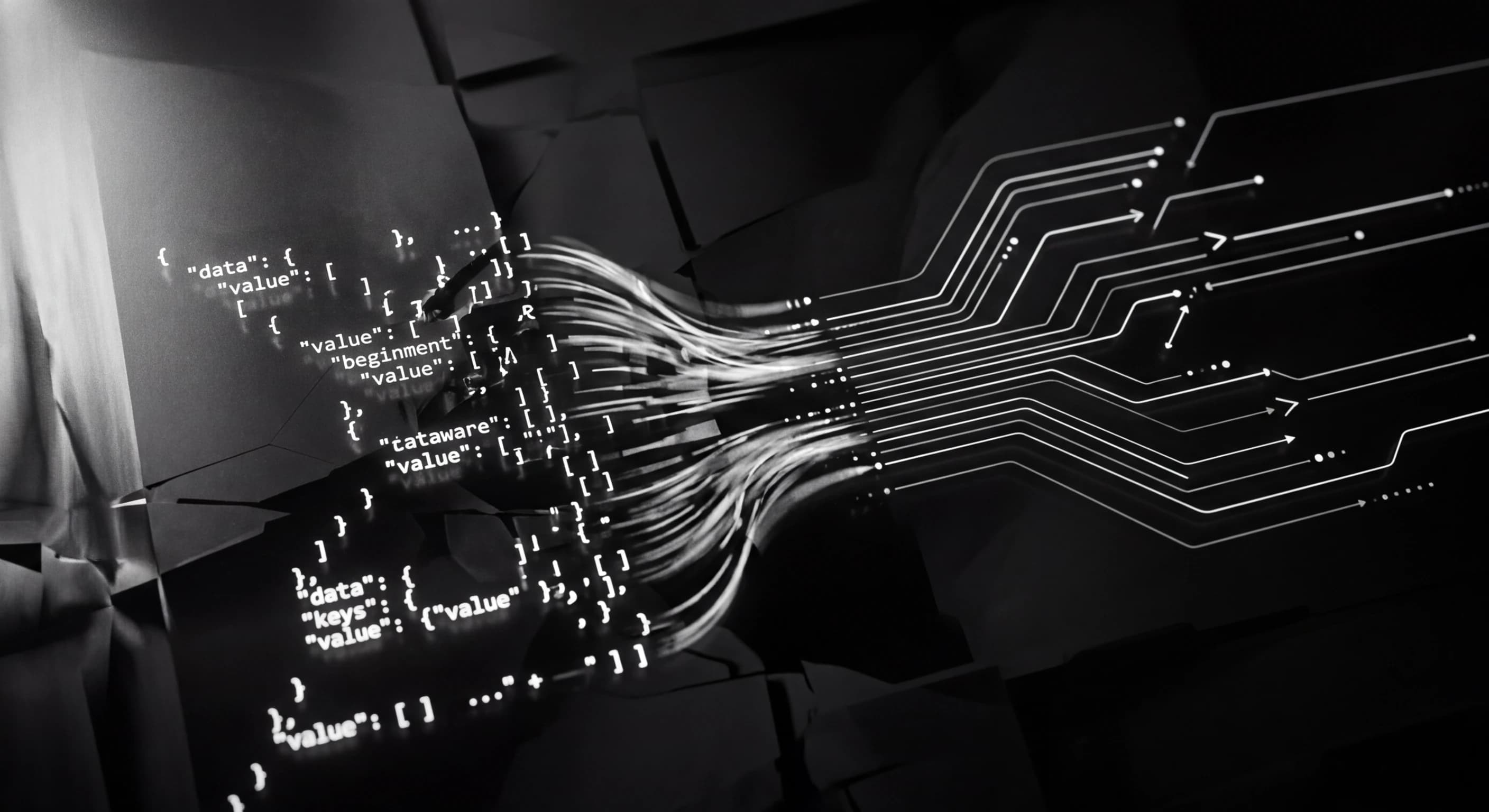Abstract visualization of AI-powered code transformation and cost savings in monochrome