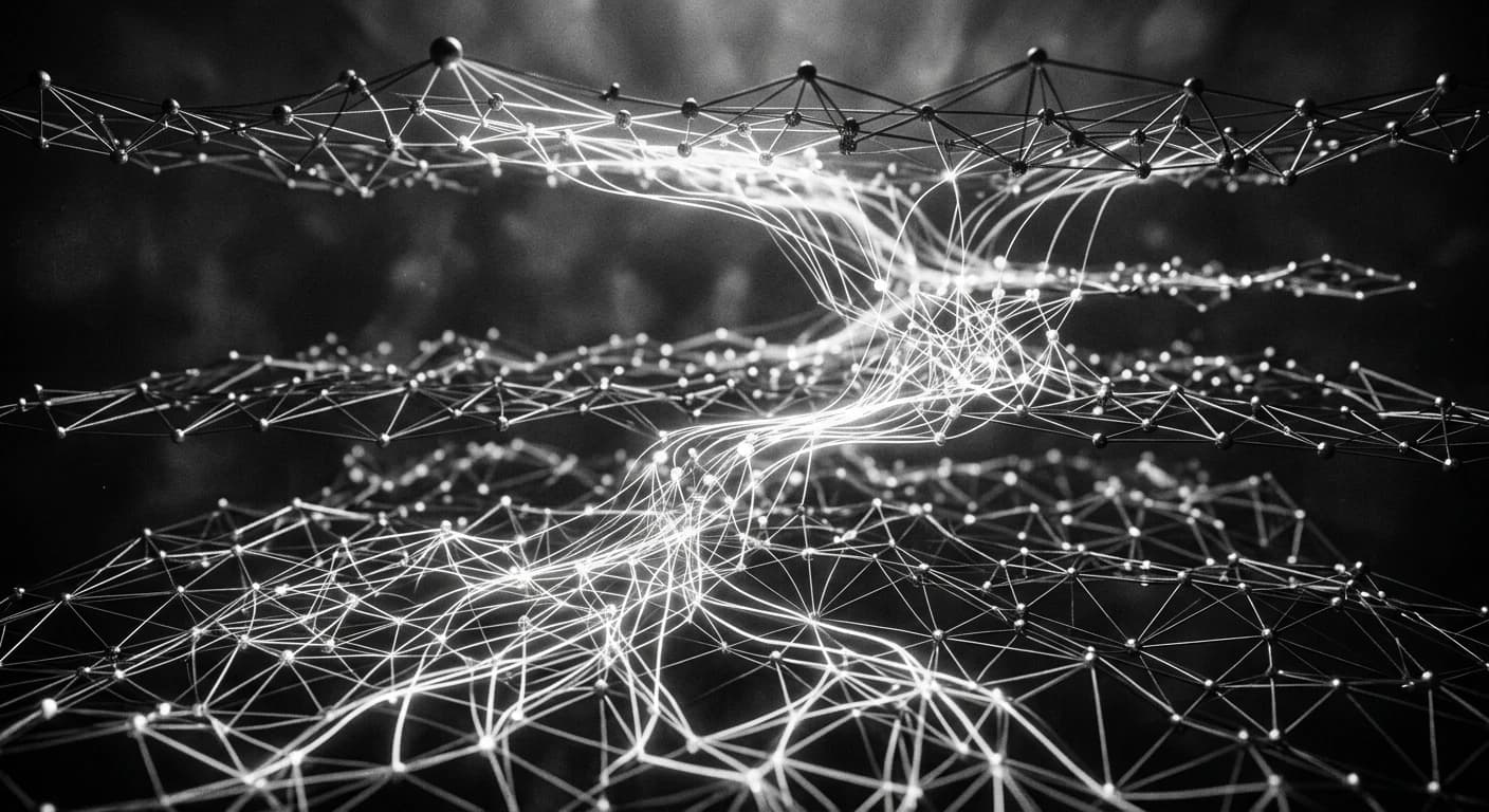 Three-dimensional reasoning graph with nodes connected by luminous inference paths representing AI theory of mind capabilities