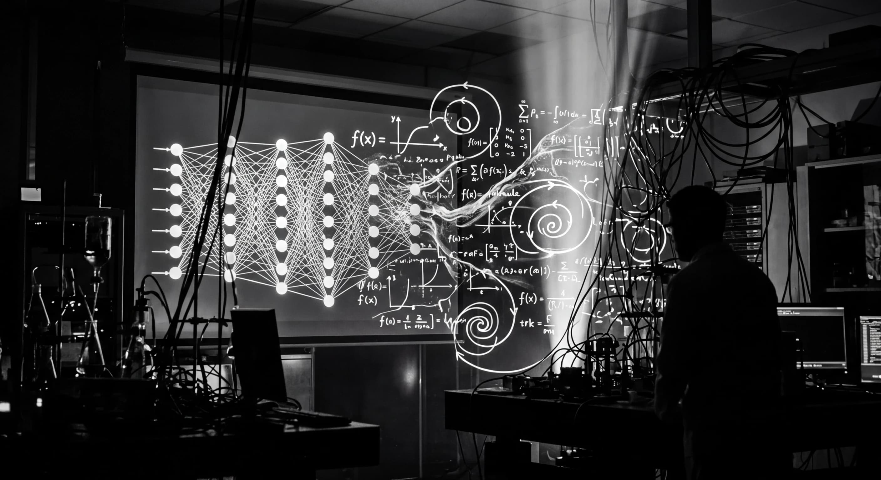 Abstract visualization of AI-driven scientific discovery and research automation in monochrome