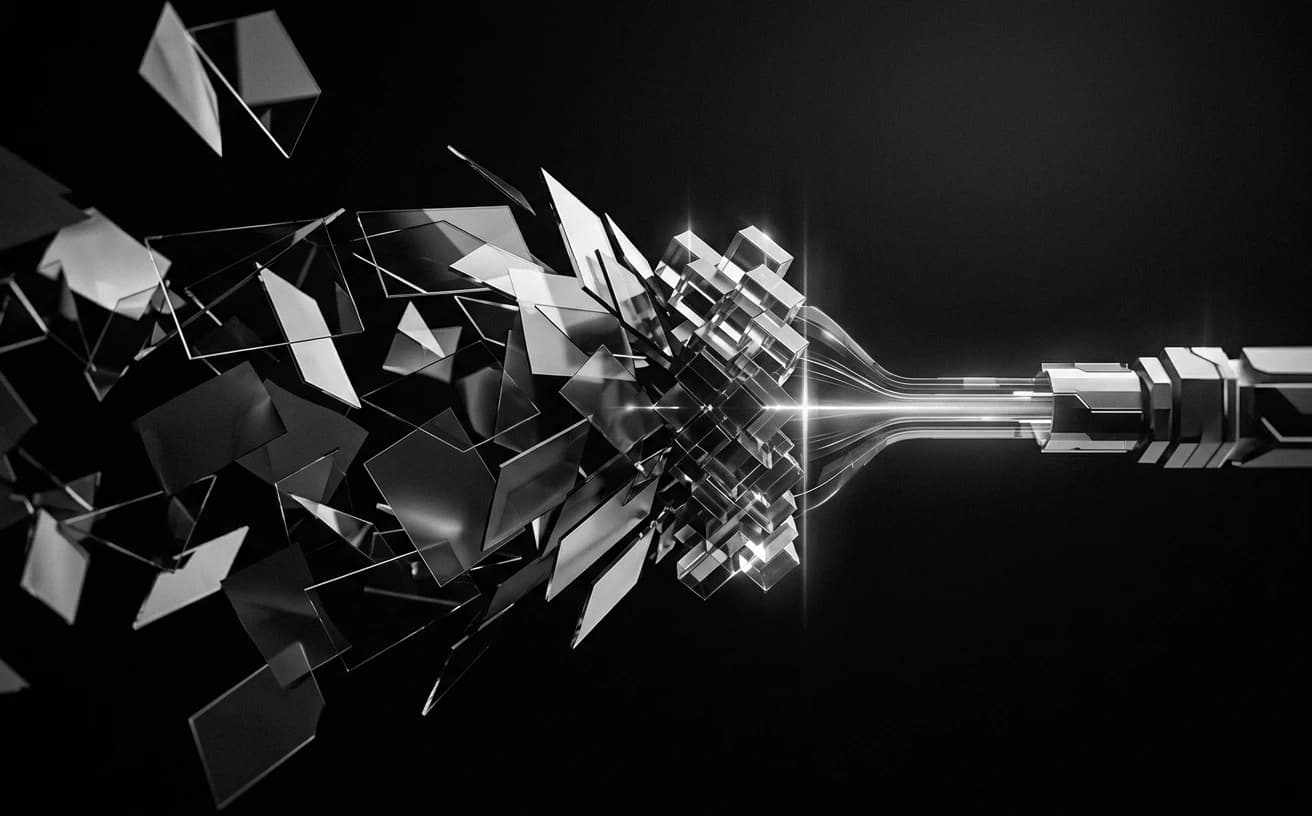 Abstract monochrome visualization of a product brief transforming into a structured executable specification flowing into an agent pipeline