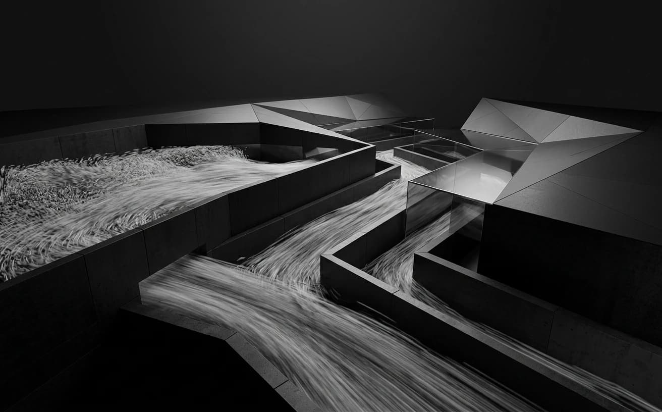 Abstract monochrome visualization of structural boundaries and contracts constraining flowing geometric forms into an ordered architecture