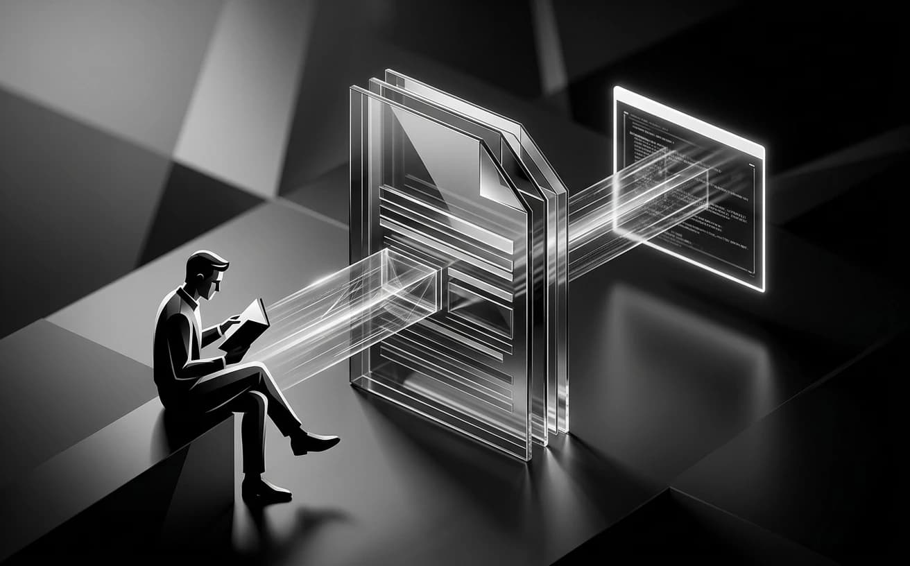 Abstract monochrome visualization of structured documentation feeding both a human reader and an agent context window