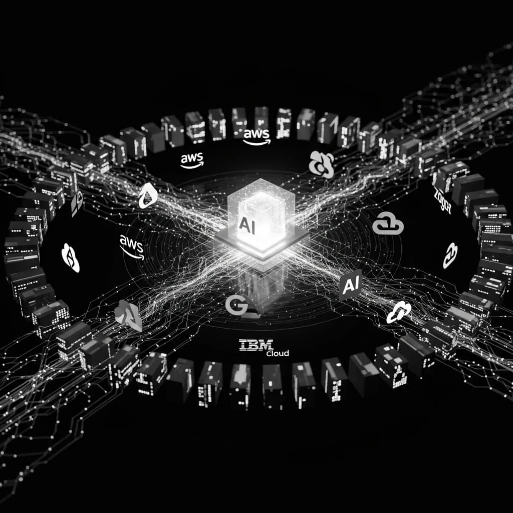 Abstract visualization of partner network with Anthropic at center and multiple cloud integrations surrounding