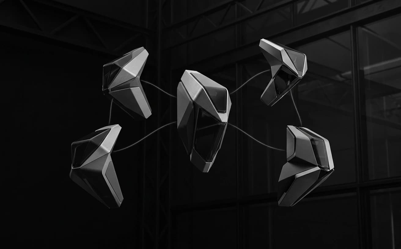 Abstract monochrome illustration of five geometric agents arranged in a coordinated formation with subtle connection lines, conveying orchestrated agent teamwork over a swarm