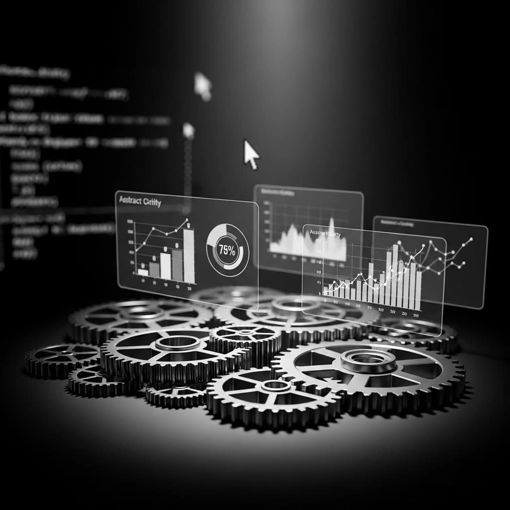 Abstract visualization of Claude Code configuration with layered settings and productivity metrics