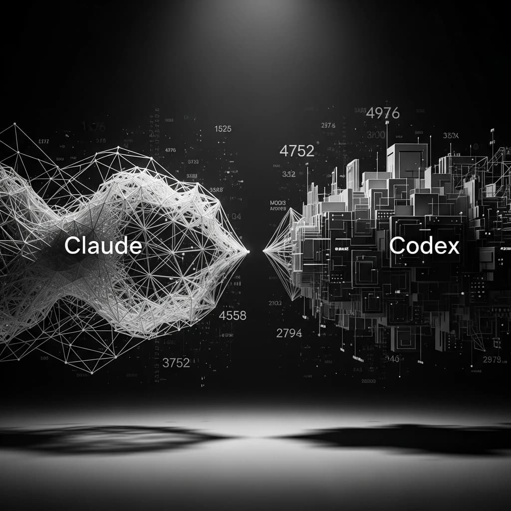 Abstract visualization of two AI models converging with benchmark metrics floating between them