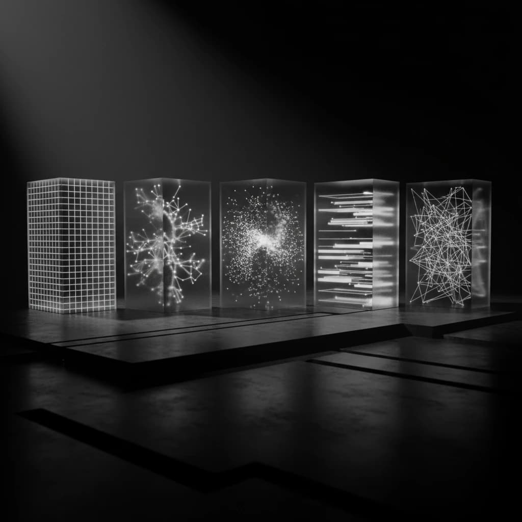 Abstract monochrome data visualization comparing headless CMS platforms with performance metrics and architecture diagrams