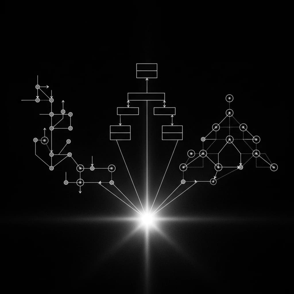 Abstract monochrome visualization of multi-agent AI framework architecture with interconnected nodes and pathways