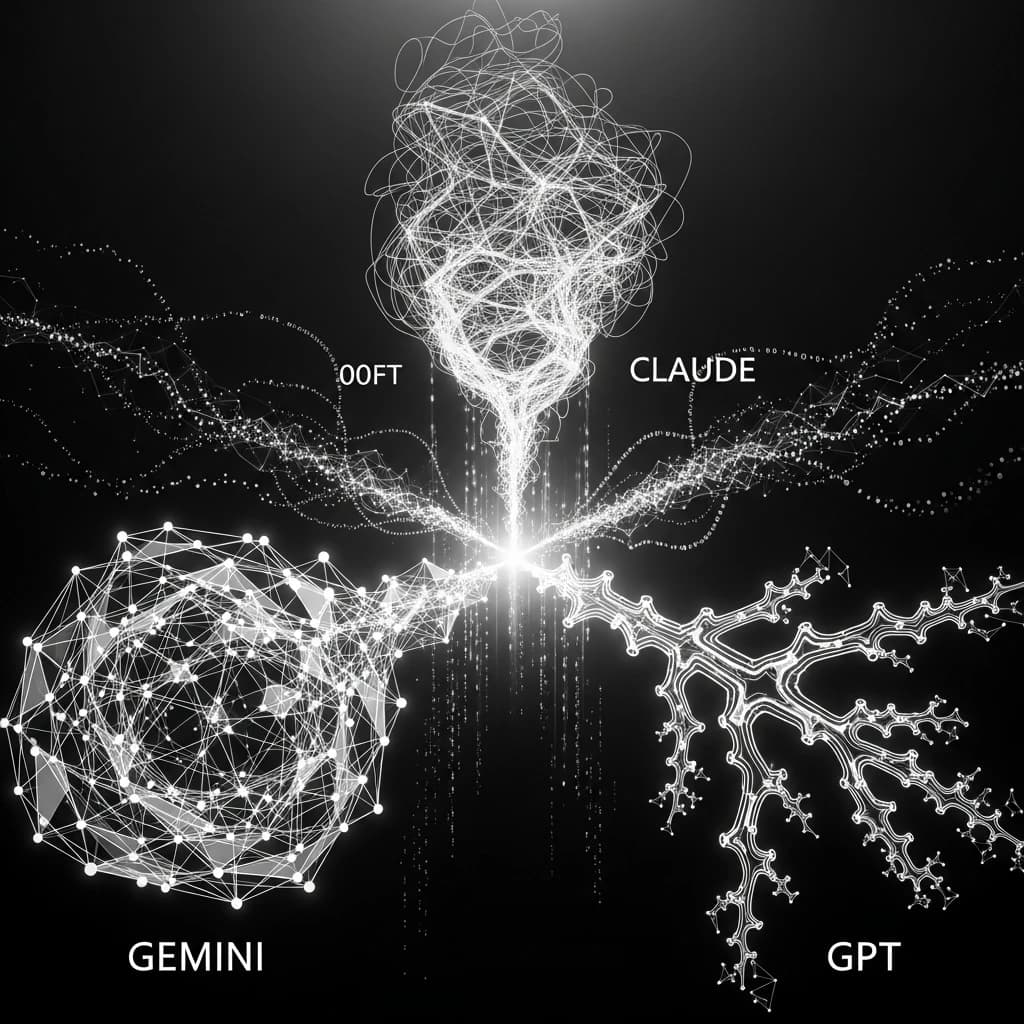 Abstract visualization of three AI models converging with benchmark metrics between them