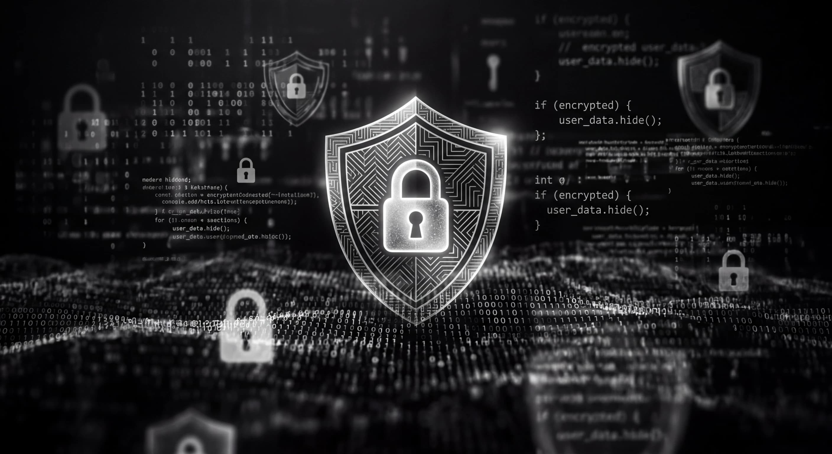 Abstract visualization of code data flow and privacy protection in monochrome