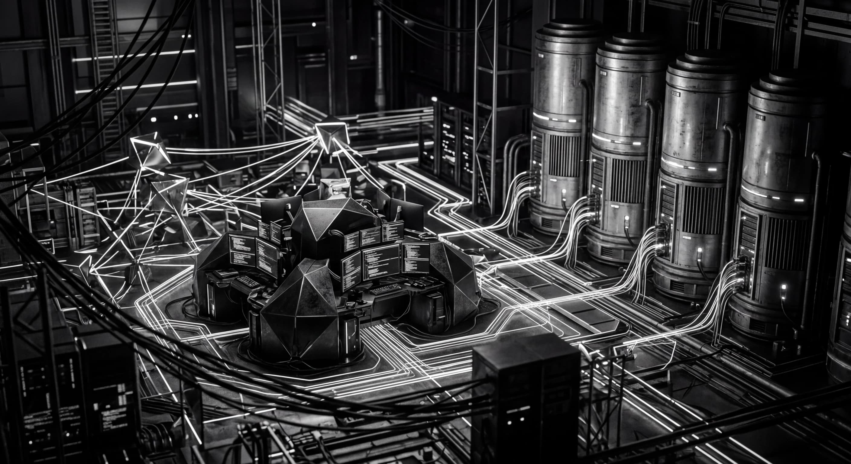 Abstract geometric representation of local AI integration with development tools, nodes and pathways in monochrome
