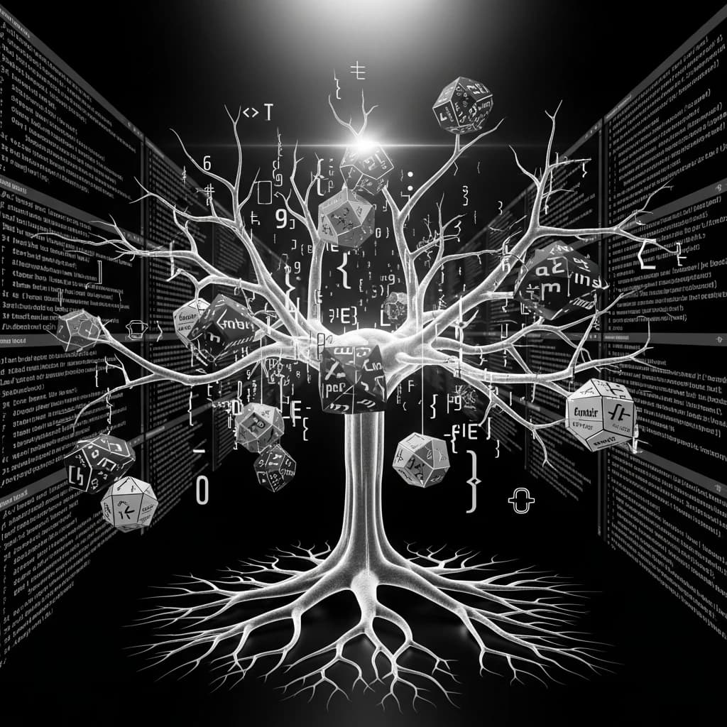 Abstract visualization of autonomous code generation with branching pathways and neural network architecture