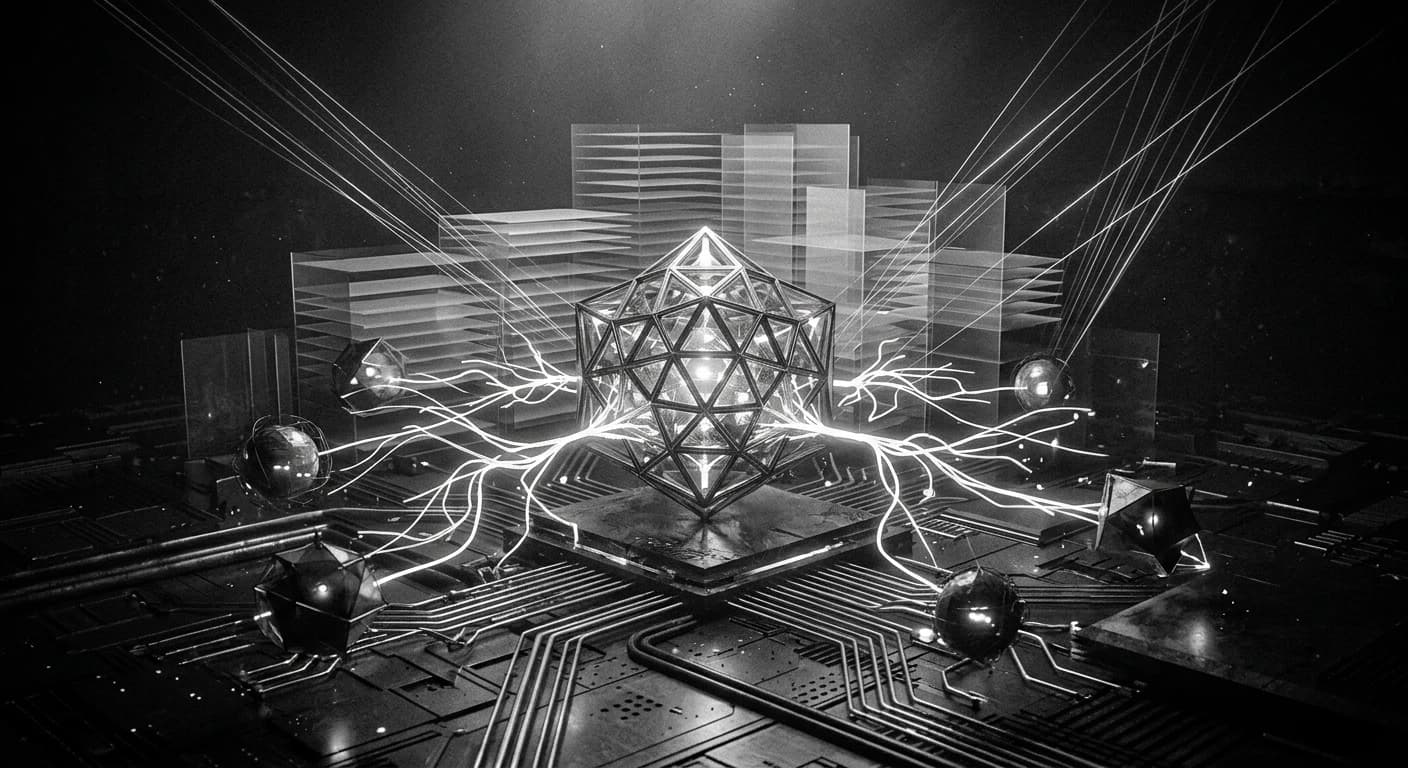 Abstract visualization of an AI agent processing local data with neural network pathways in monochrome