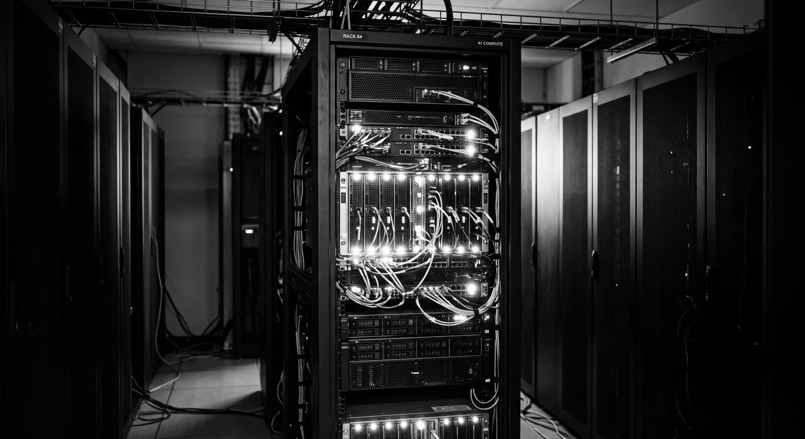 Futuristic server infrastructure representing local AI deployment with geometric shapes and digital connections