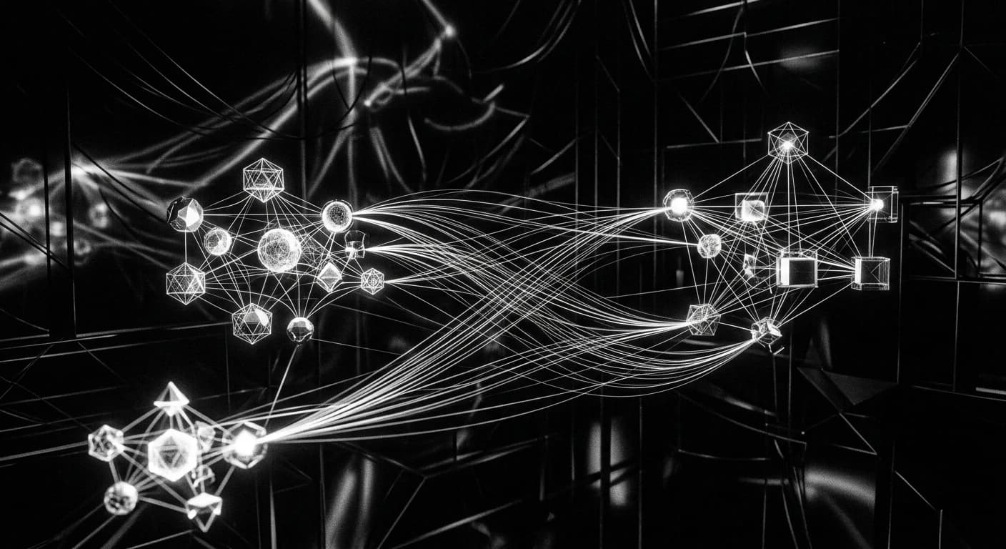 Abstract black and white visualization of protocol connections between AI assistants and developer tools