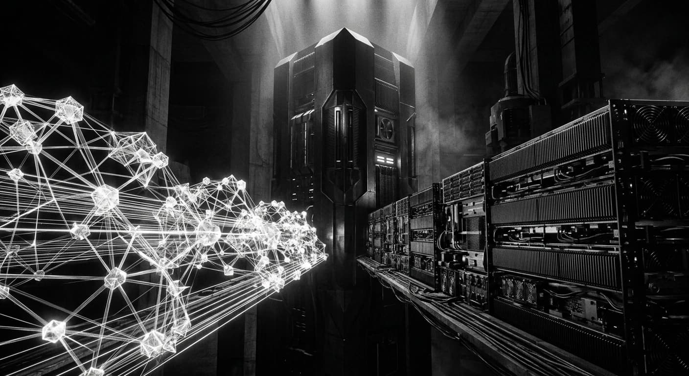Black and white abstract visualization of cloud and local inference paths converging on a stack of GPU racks