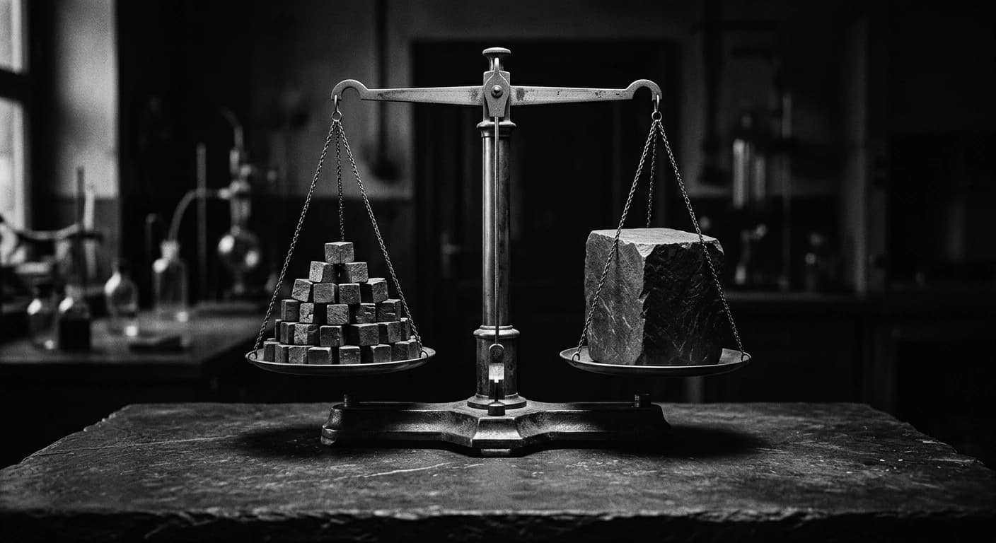 Abstract black and white balance scale weighing two blocks of light against a dark grid, representing a cost and quality decision