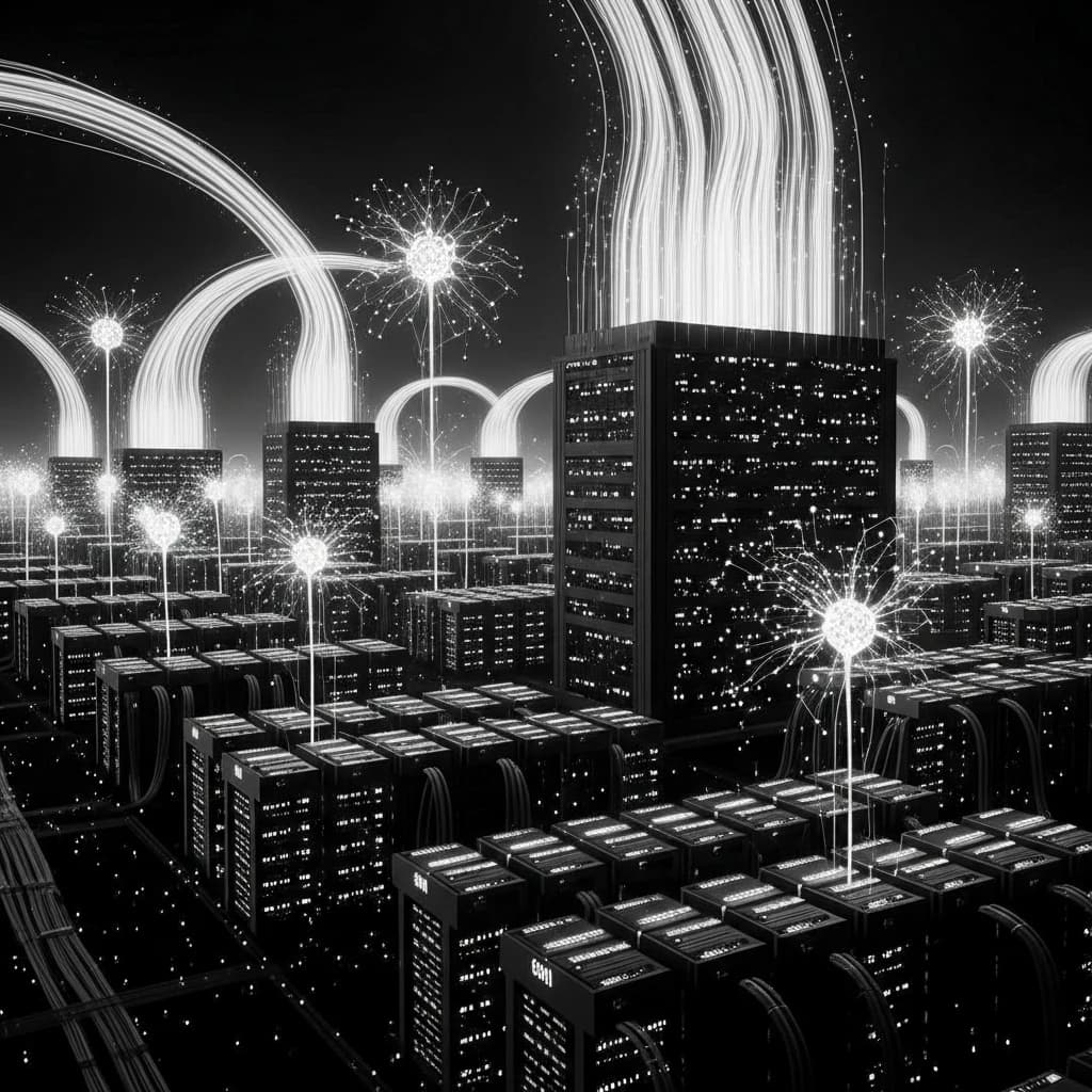 Abstract visualization of massive capital infusion with infrastructure scaling and neural network expansion