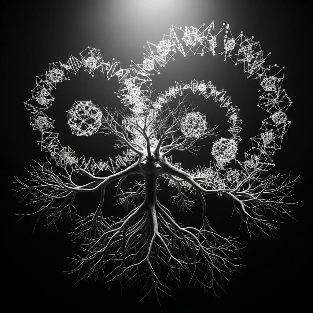 Abstract visualization of genetic algorithm pathways with branching evolution and neural selection
