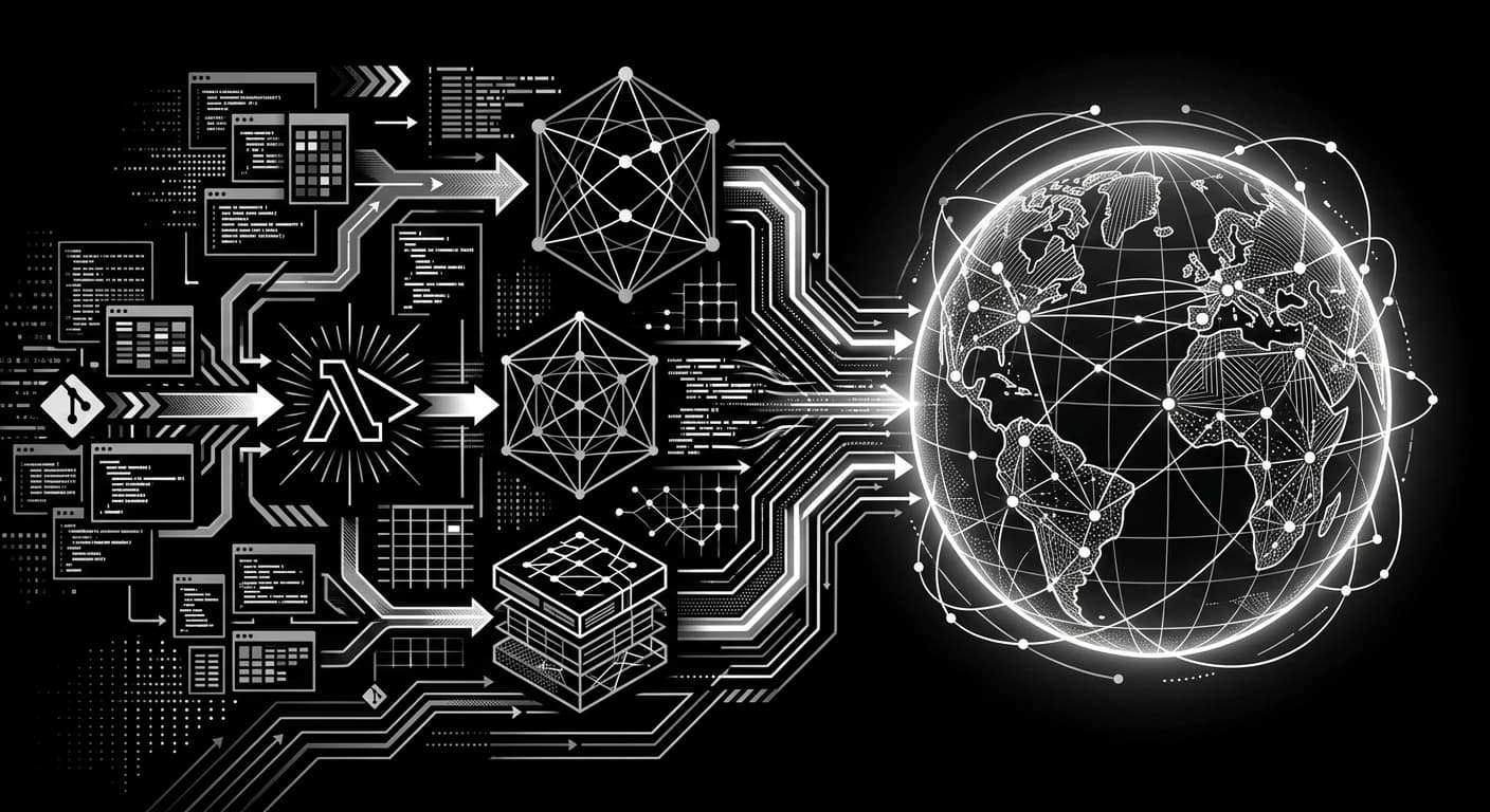 Monochrome abstract representation of infrastructure nodes and code deployment pipelines converging into a single system