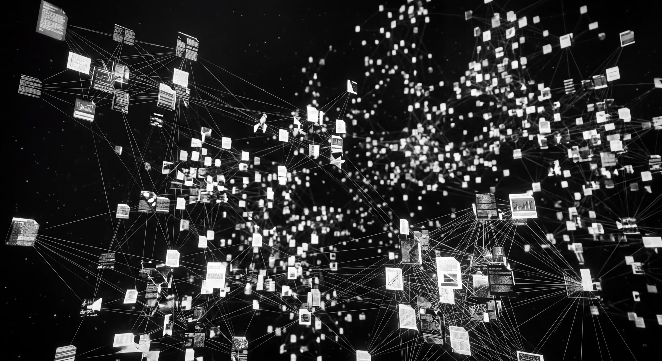 Abstract black and white visualization of vector embeddings and retrieval paths connecting documents to AI models