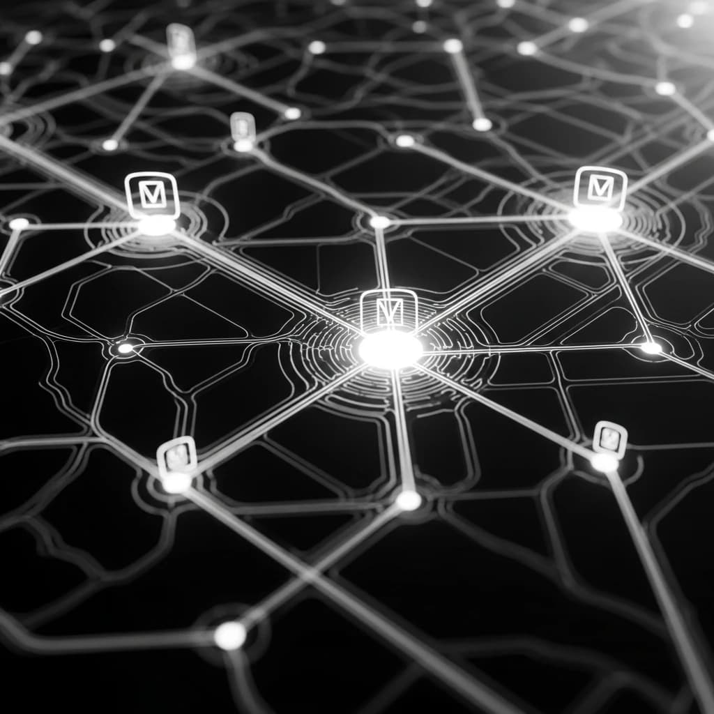 Abstract visualization of chain-of-thought reasoning with branching logical pathways and problem-solving nodes