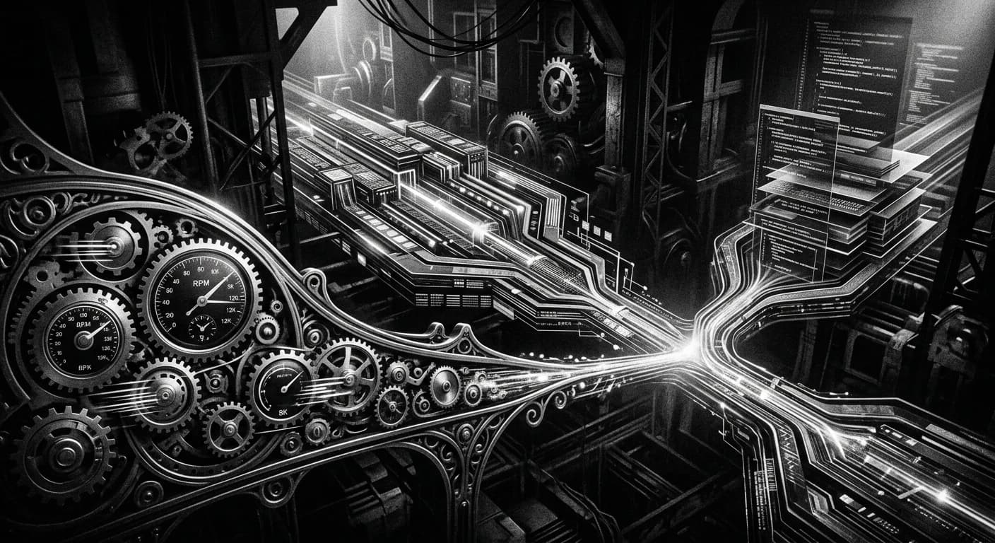 Abstract visualization of three converging performance paths with gear mechanisms and speed indicators