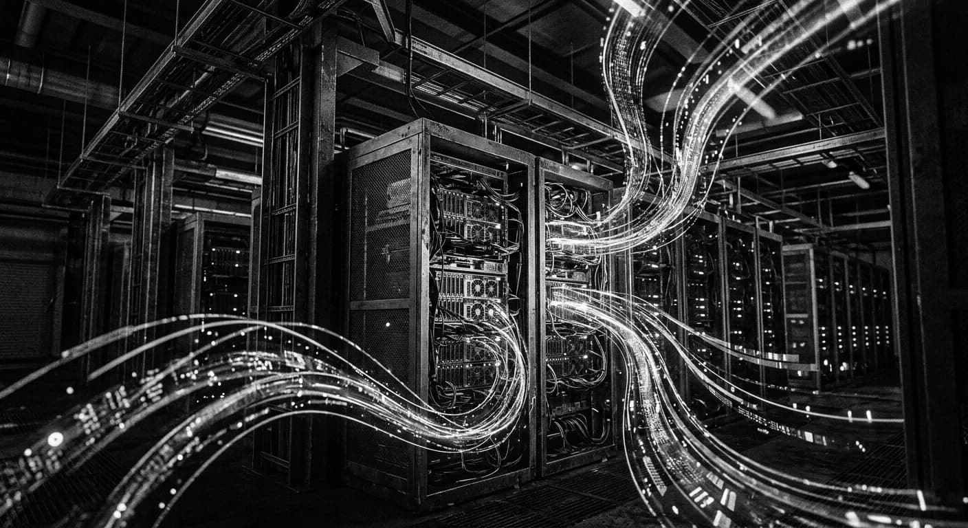 Abstract black and white visualization of GPU server racks and neural network data flowing through on-premise infrastructure
