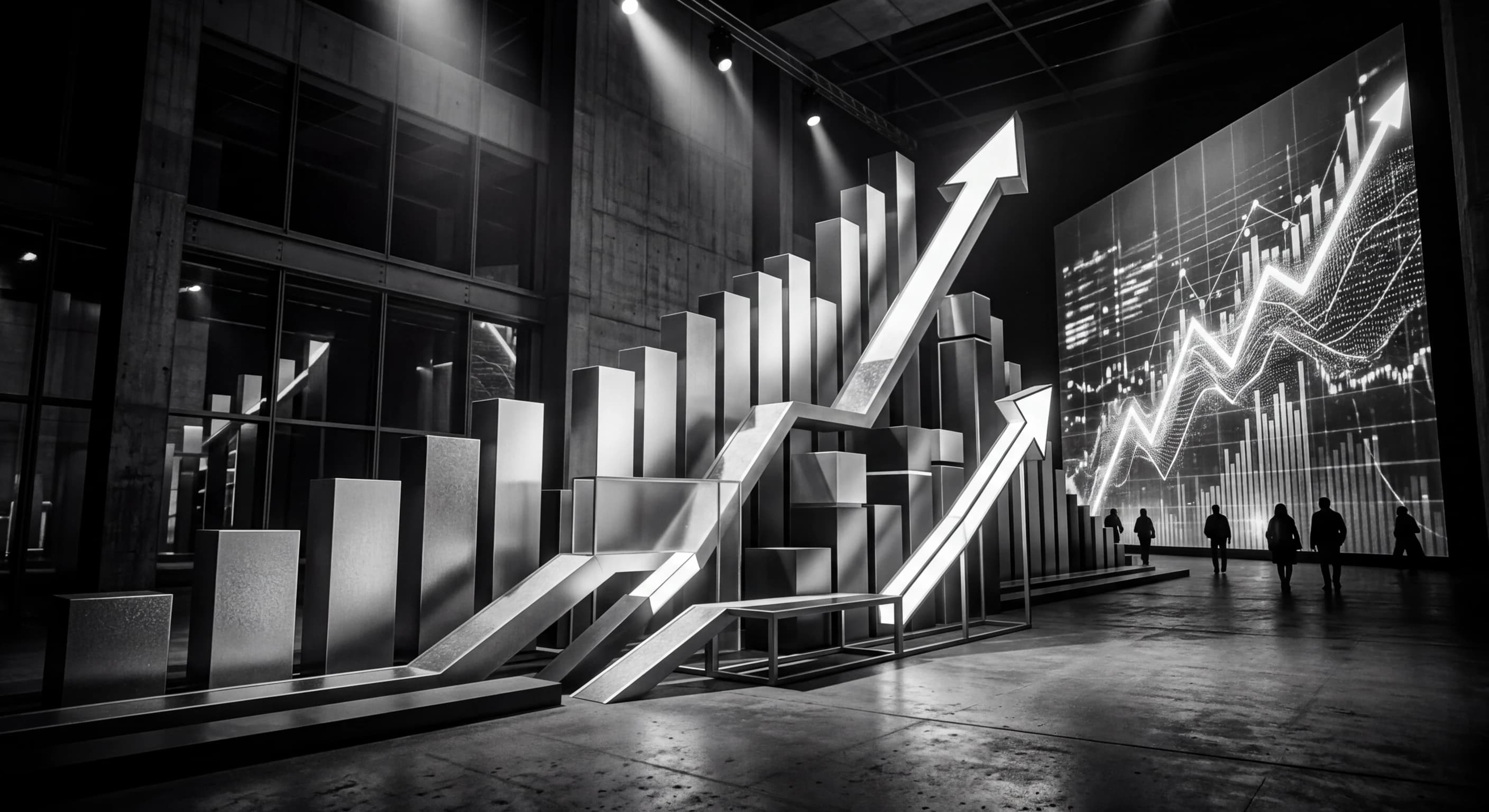 Abstract visualization of job market trends and developer hiring data in monochrome