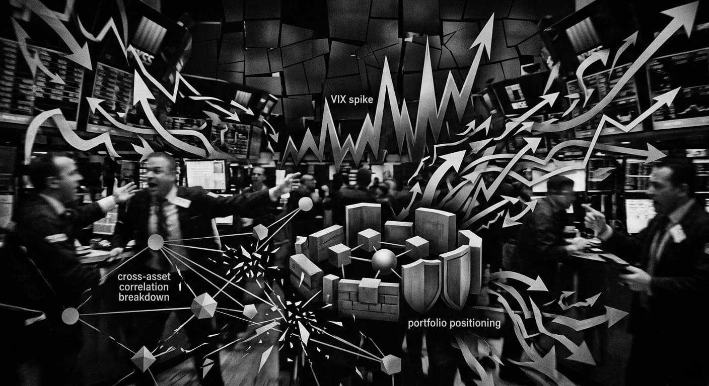 Abstract visualization of market volatility and trade war impact showing directional arrows and economic indicators