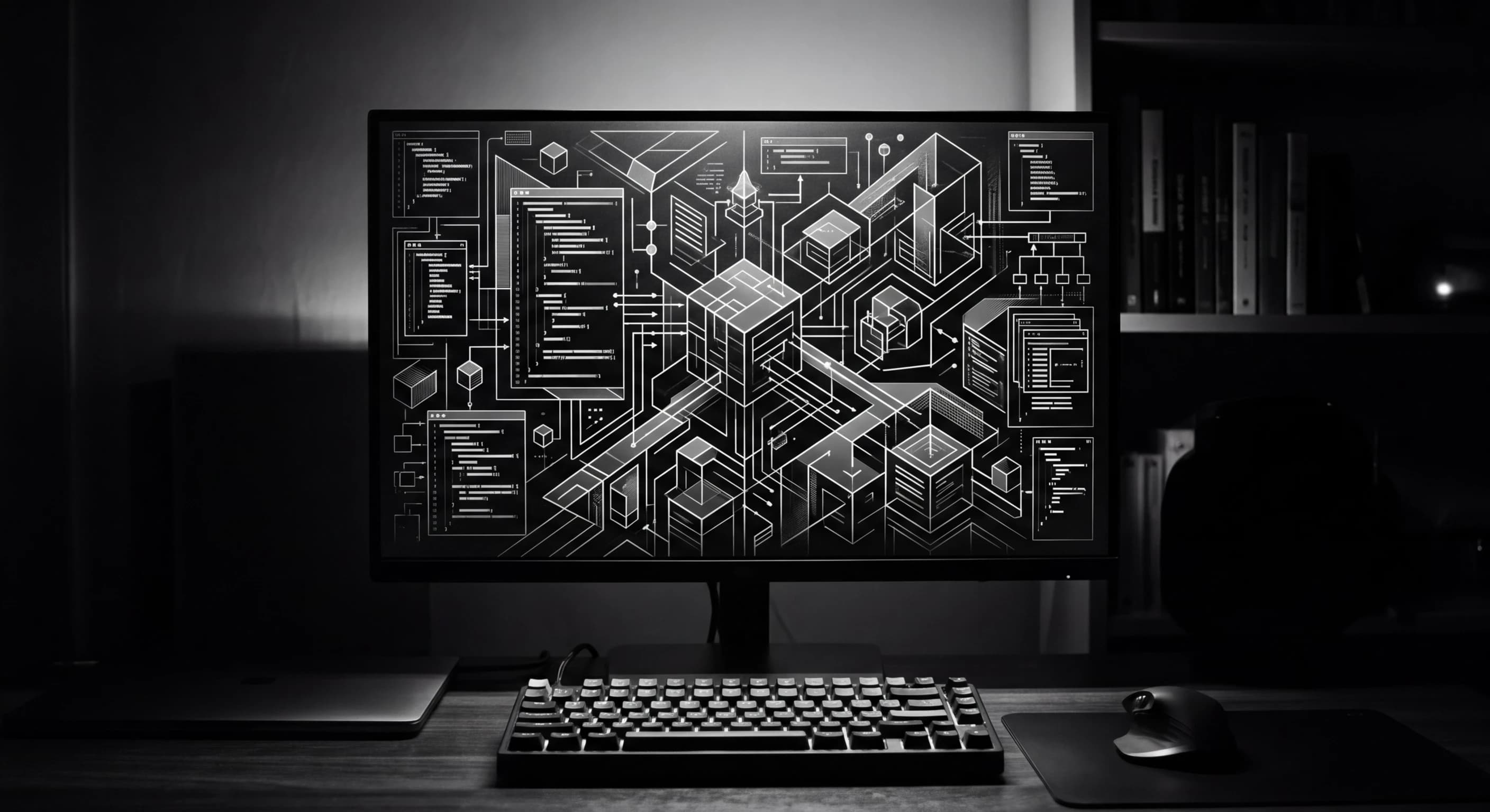 Abstract visualization of TypeScript code transformation and type inference in monochrome