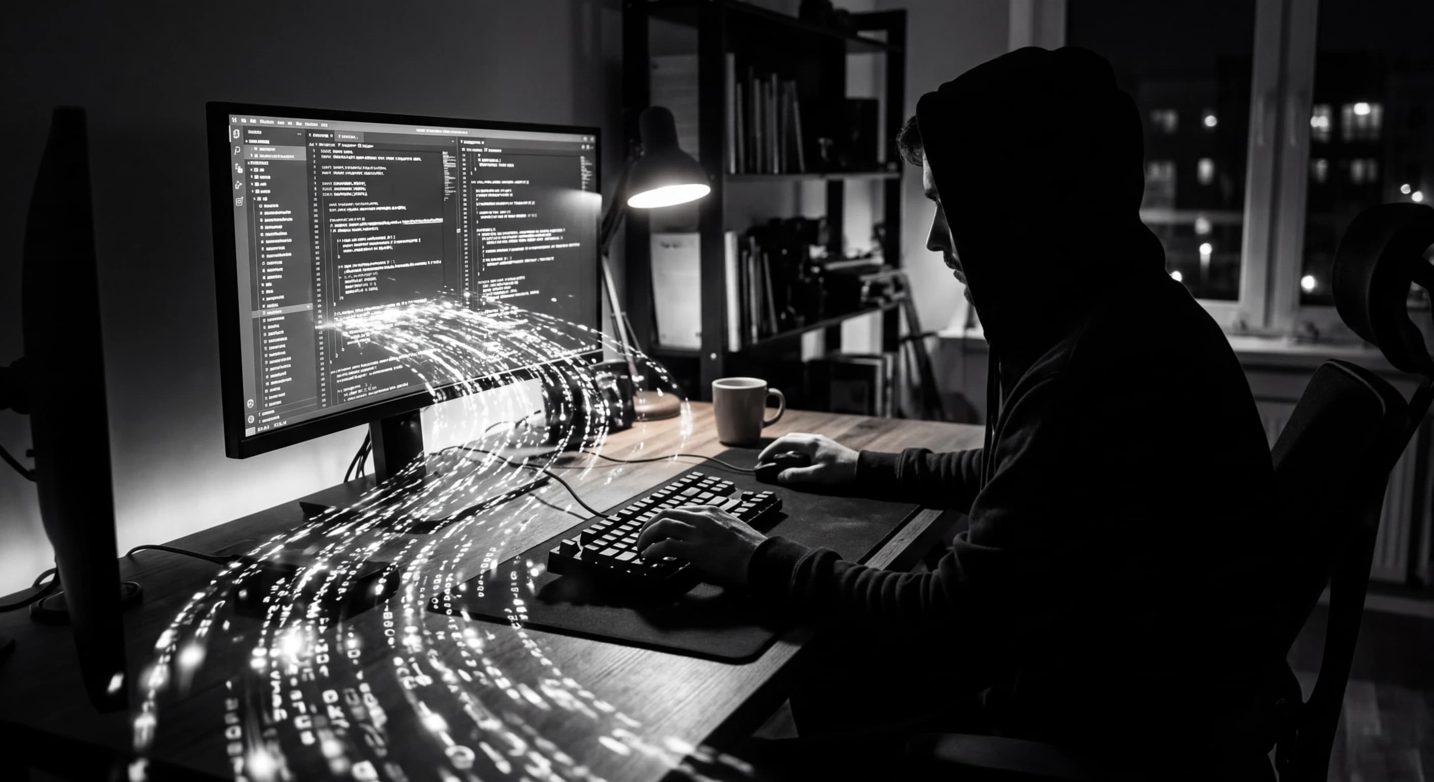 Abstract black and white visualization of AI code generation flowing through a developer workspace