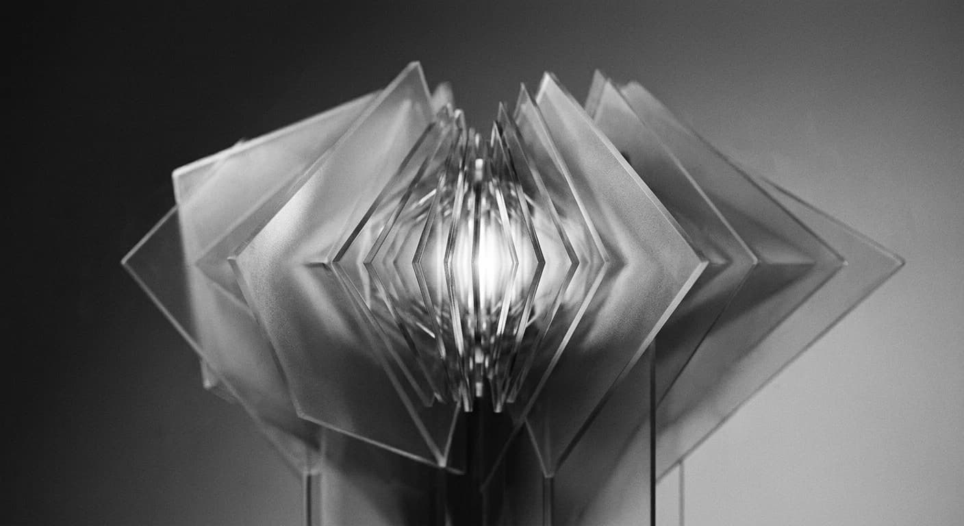 Abstract black and white composition of stacked geometric planes converging on a single dense core, soft gradient light
