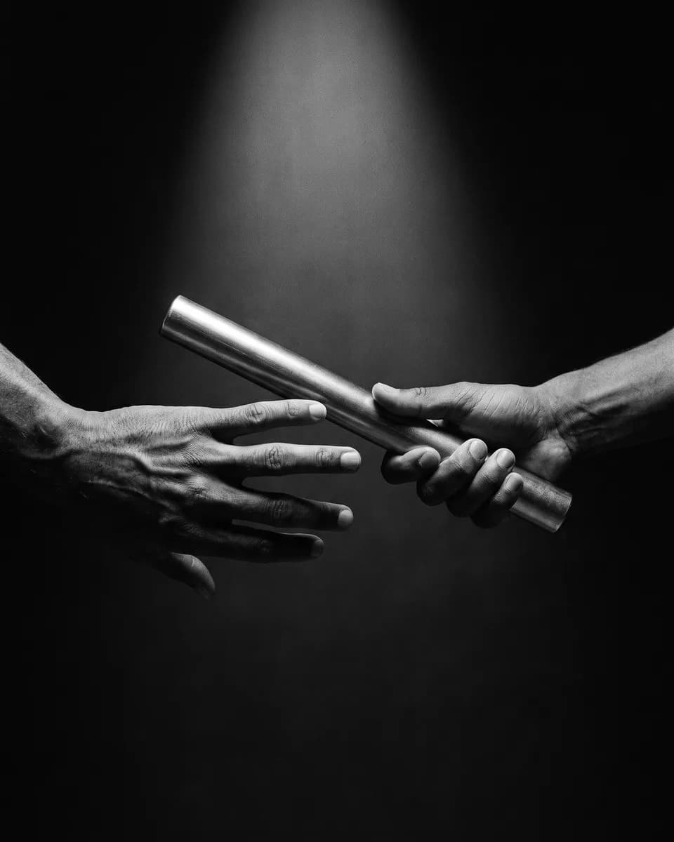 One hand passing a steel relay baton to another in a single beam of light