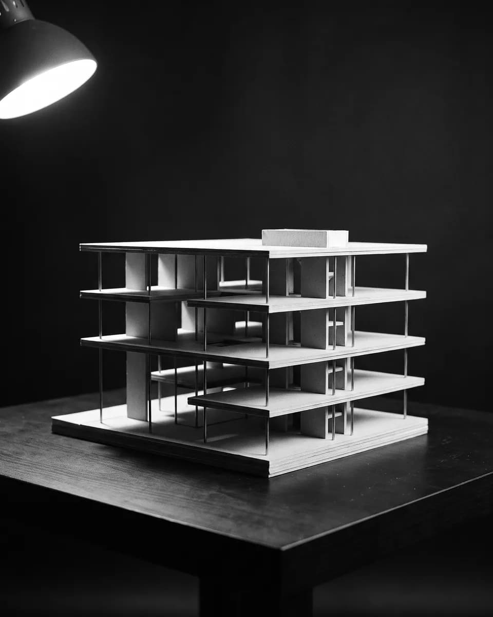 A scale model of a multi-storey building in white card and thin steel rods, lit by one lamp