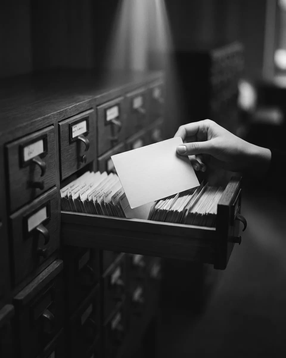 A hand lifting one blank index card from an open library card catalogue drawer