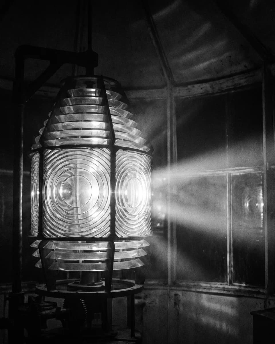 The glowing glass lens of a lighthouse at night, one bright beam sweeping out into the dark