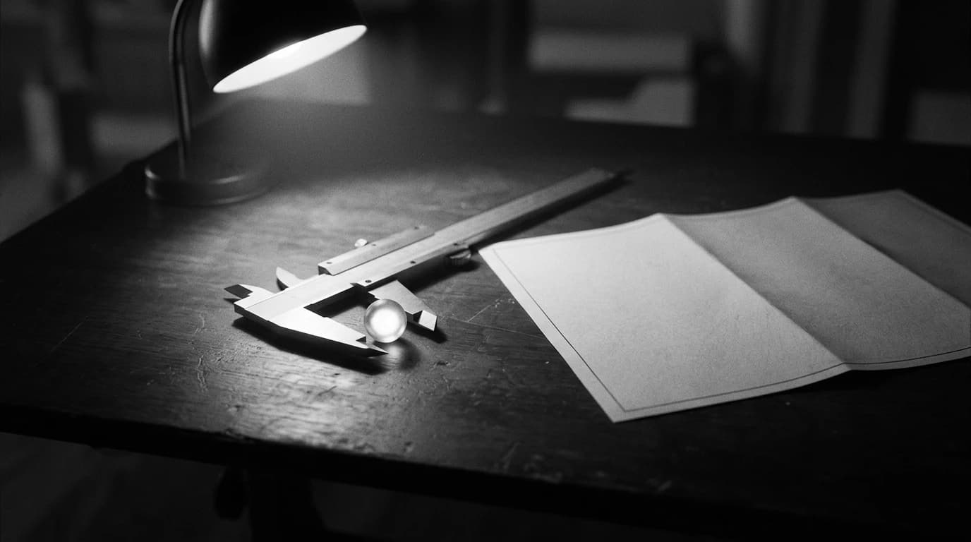 A steel caliper closing around a small glowing sphere on a dark drafting table beside a blank folded blueprint, lit by a single desk lamp, in black and white