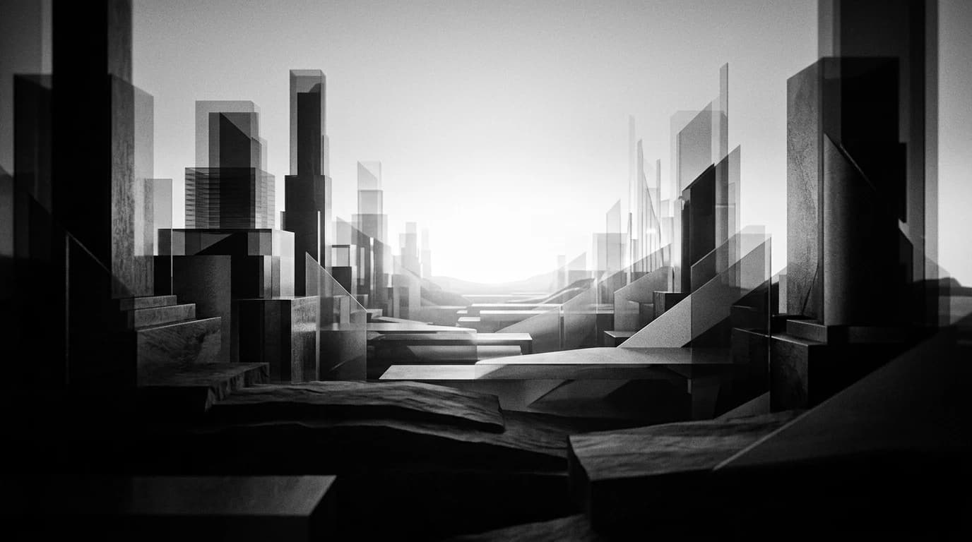 Abstract black and white composition of layered geometric planes converging toward a bright horizon, suggesting phased industrial progress