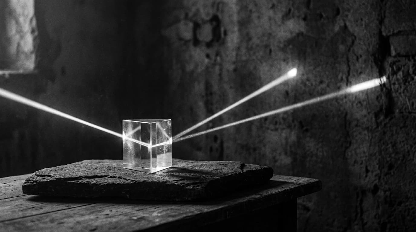Black-and-white photograph of a glass prism on a stone slab, splitting one beam of light into two diverging beams that strike a rough wall