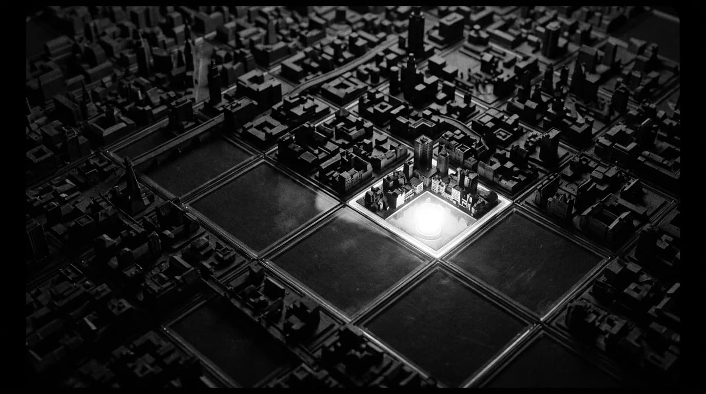 Black-and-white cinematic still of a dark architectural scale model of a dense city seen from overhead, divided into a precise grid of square tiles, with a single tile lit brightly from beneath