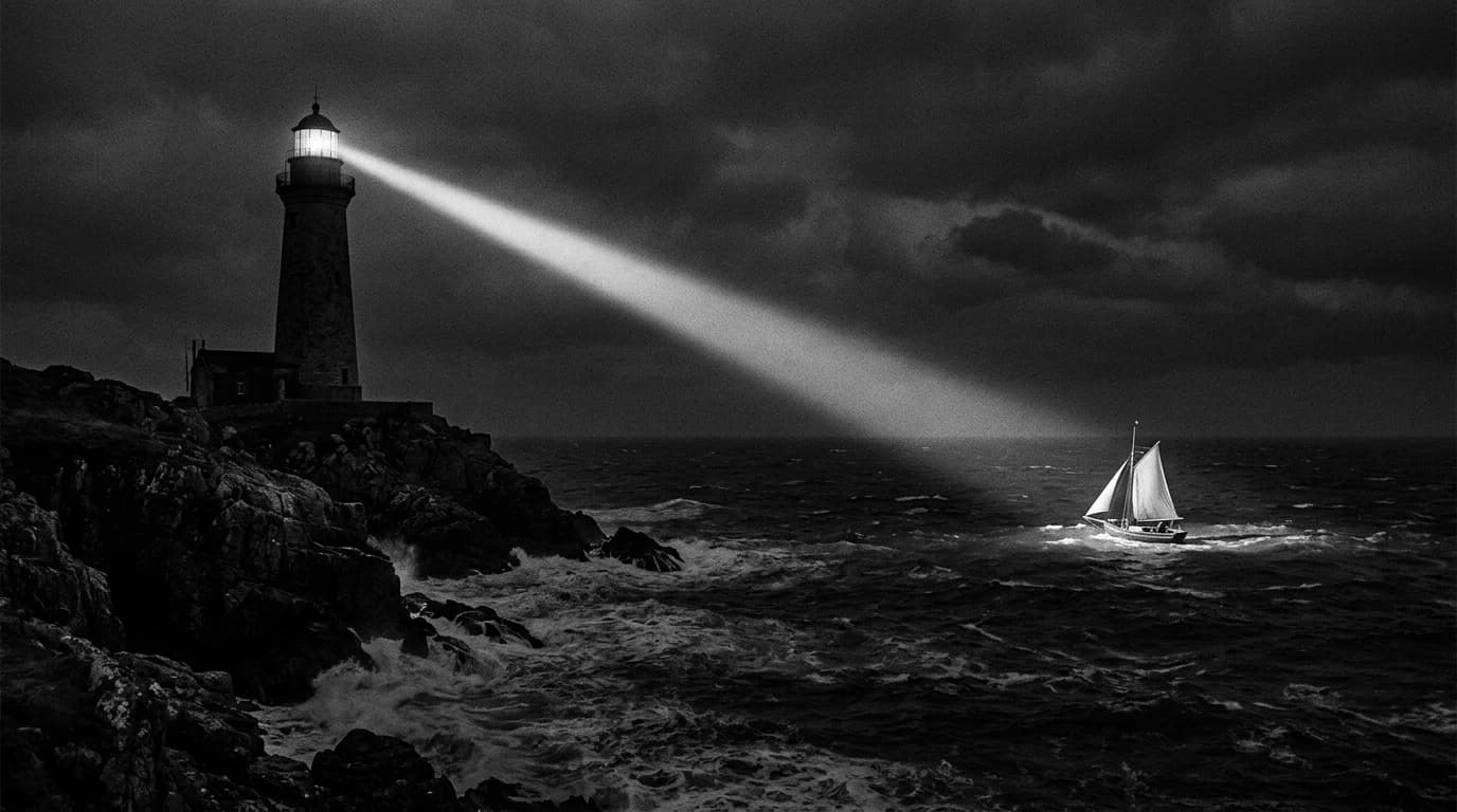 Black-and-white cinematic still of a lighthouse on a rocky headland at night, its beam picking out one small sailboat on a dark, stormy sea