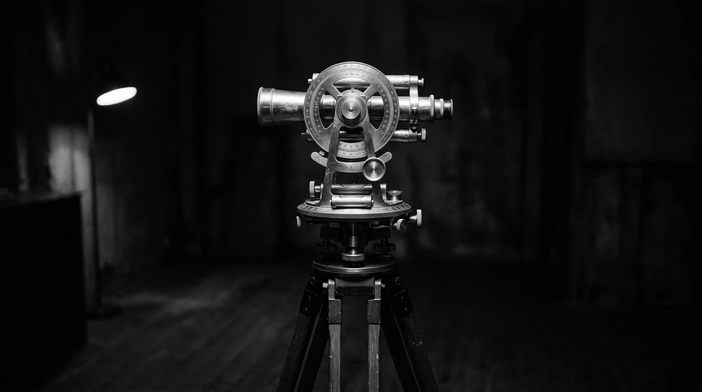 Black-and-white photo of a brass surveyor's theodolite on a wooden tripod in a dark room, lit by a single lamp