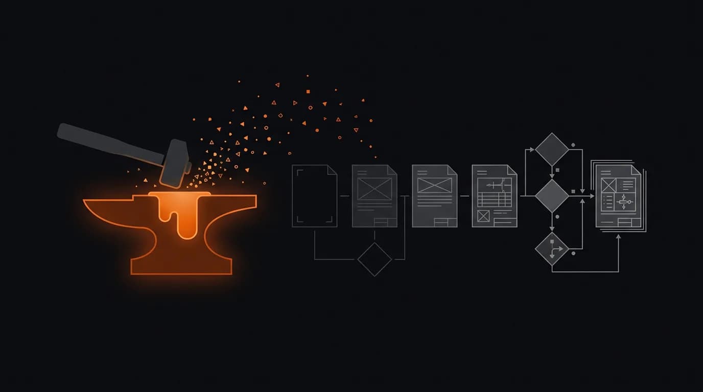 Abstract monochrome illustration of a glowing amber anvil forging spec documents that harden into wireframe blueprints and a flowchart, representing SpecForge