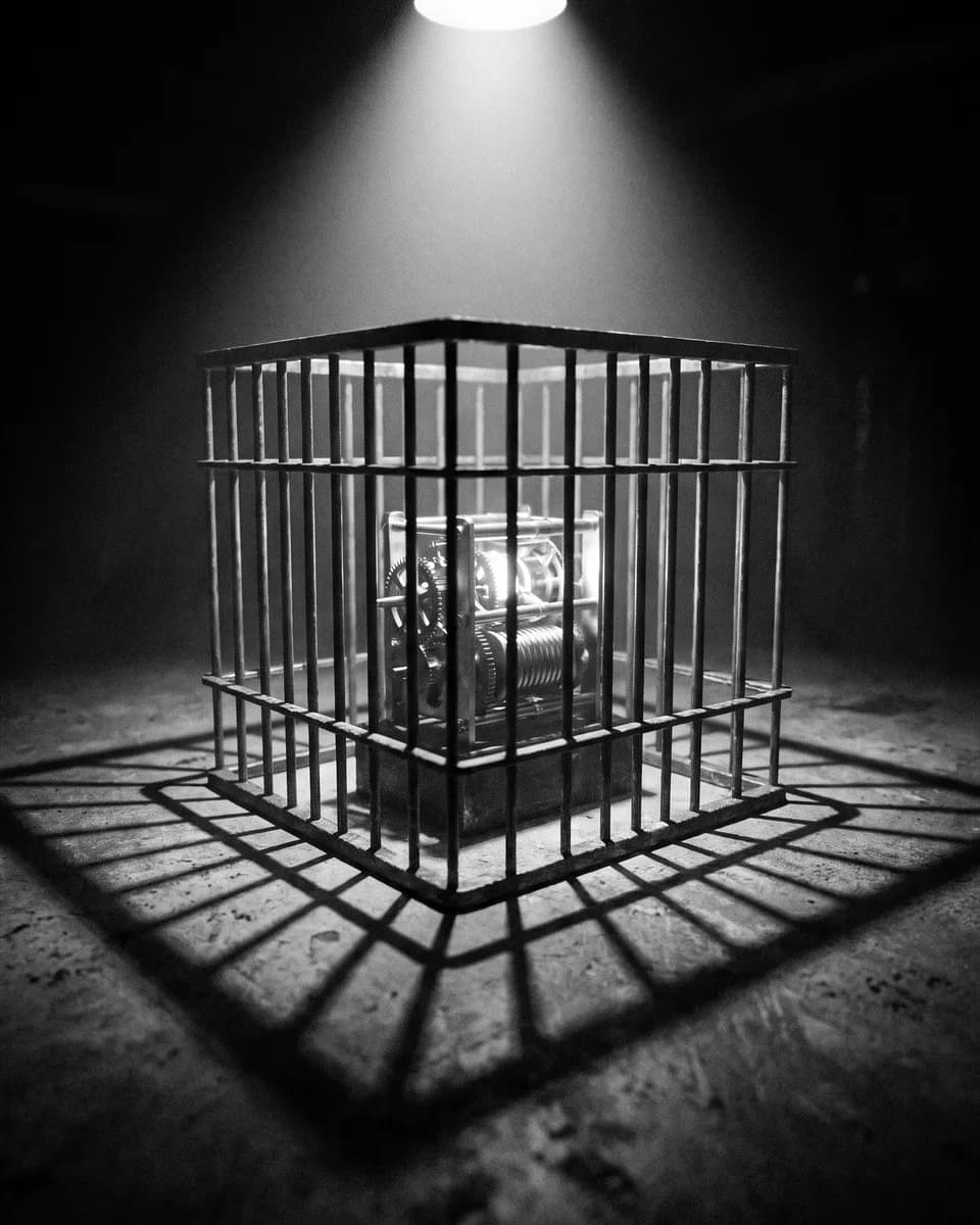 A small glowing mechanism inside a steel cage, a spotlight casting barred shadows across a concrete floor