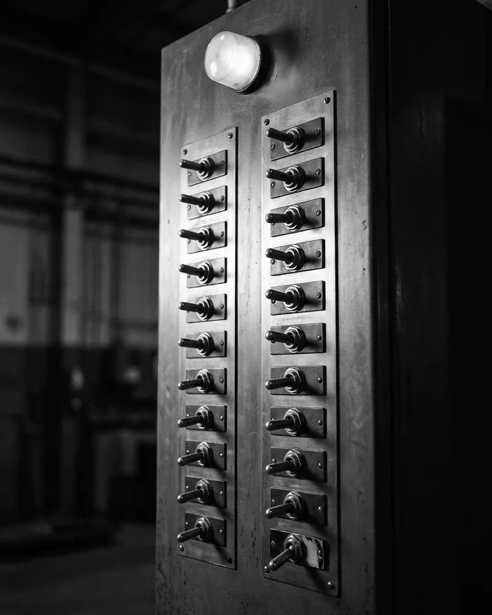 Two columns of toggle switches on a steel panel, all flipped up but the last, a lamp glowing above