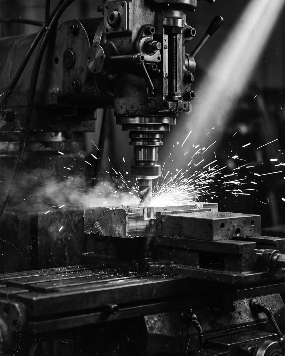 A milling machine cutting into a metal block, sparks and coolant mist caught in a beam of light