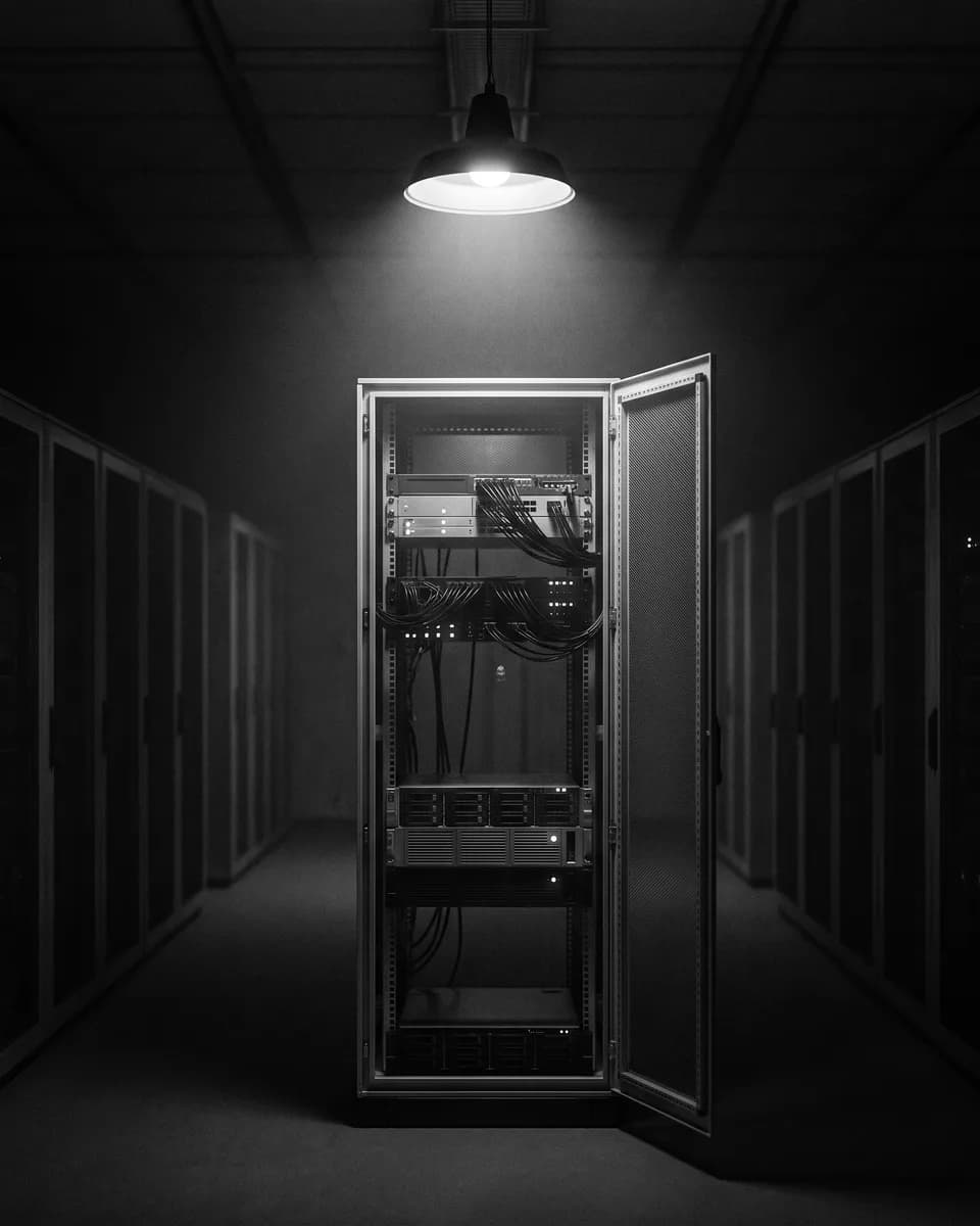 An open server rack lit by one overhead lamp in a dark data hall