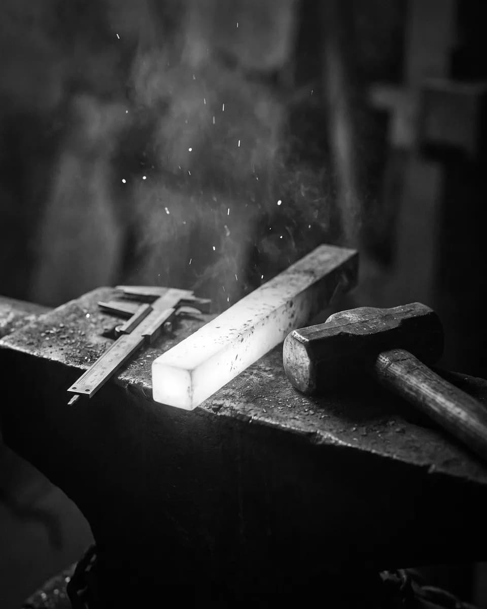 A glowing bar of steel on an anvil, with a hammer and a caliper laid beside it